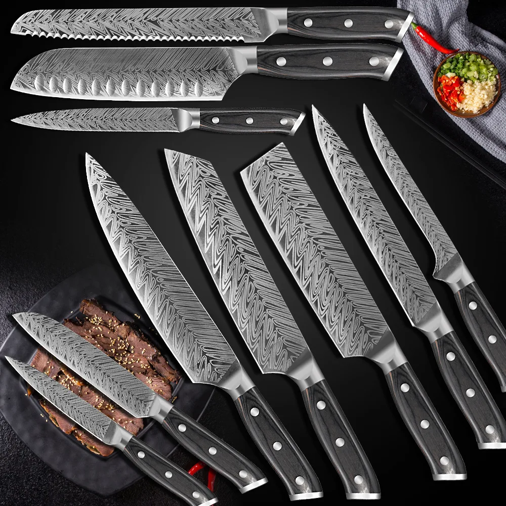 Professional   damascus laser patter steel luxury   black  kitchen knife set with oak wooden block and  acrylic stand