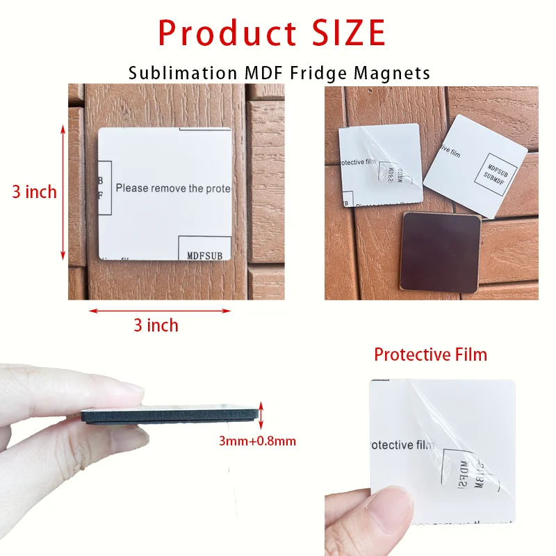 MDFSUB in stock 3' square wooden Sublimation Magnet Blanks Fridge Magnet sublimation MDF Fridge Magnets with protective film
