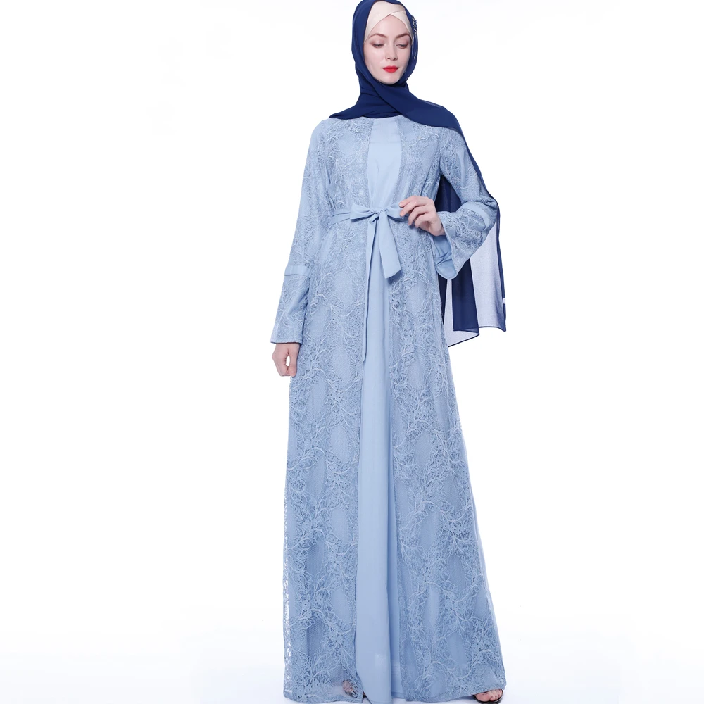 
Women chiffon polyester islamic dress with matched color lace front unfunctional 2 piece abaya set abaya muslim dresses 