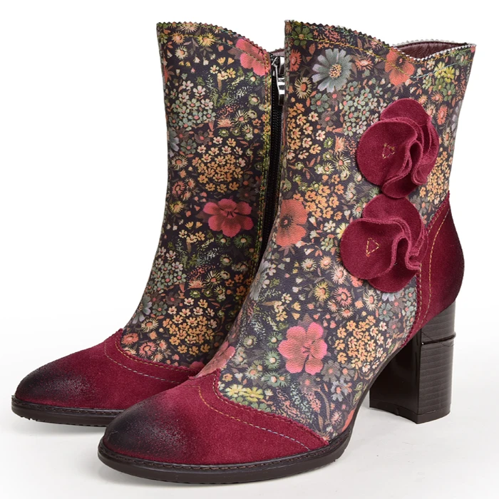 Women Floral Genuine Leather Ankle Boot Handmade High Heels Ankle Booties Boot Lady Winter Shoe