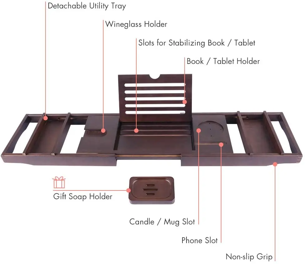 Morden Luxury Wooden Bathroom Rack Bamboo Bathtub Caddy Tub Tray With Extend