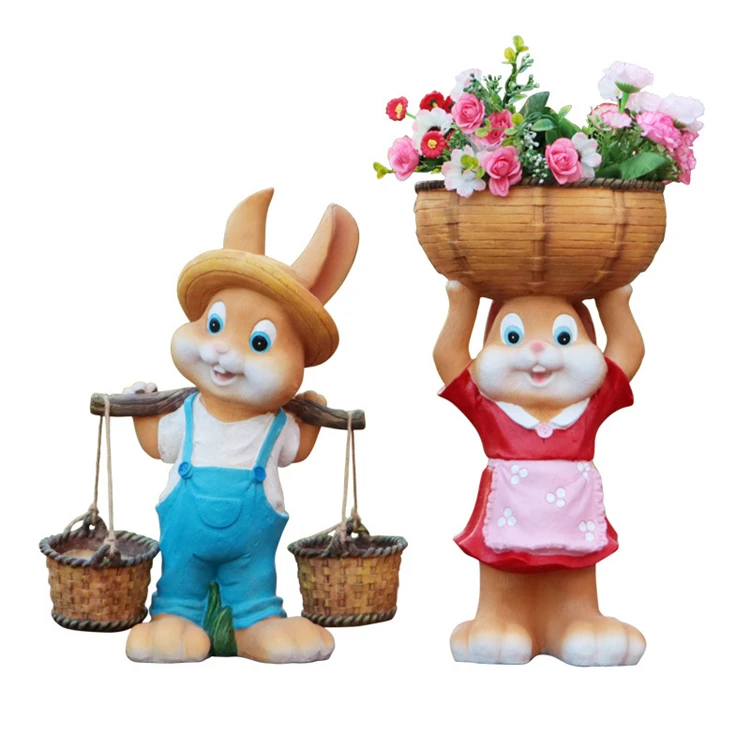 Hot Selling Ornaments Fiberglass Rabbit Sculpture Outdoor Statues Garden Animals Plant Pot