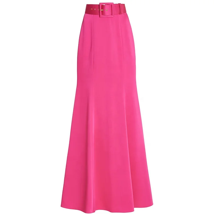 Custom Fashion Luxury  Hot Pink Lined Satin Floor Length Belted Fit and Flare Seamed Maxi Wholesale Elegant Lady Skirt