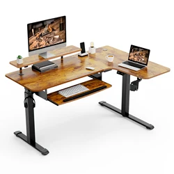 L Shaped Electric Standing Desk with Keyboard Tray, 61 inches Height Adjustable Standing Desk with Monitor Stand, Rustic Brown/R