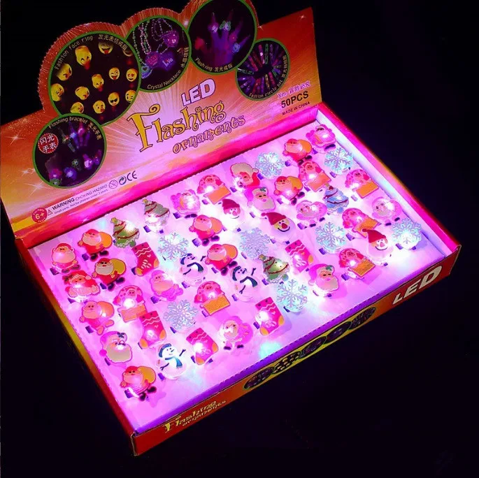 bulk sale 50pcs box kids children girls toys flashing gift Christmas led cartoon ring party even glow led plastic rings