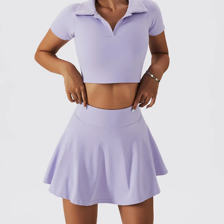 Womens nude feeling tennis clothes set female athletic tshirts 2 Piece Outfits Tennis Golf Skorts Skirt Sets