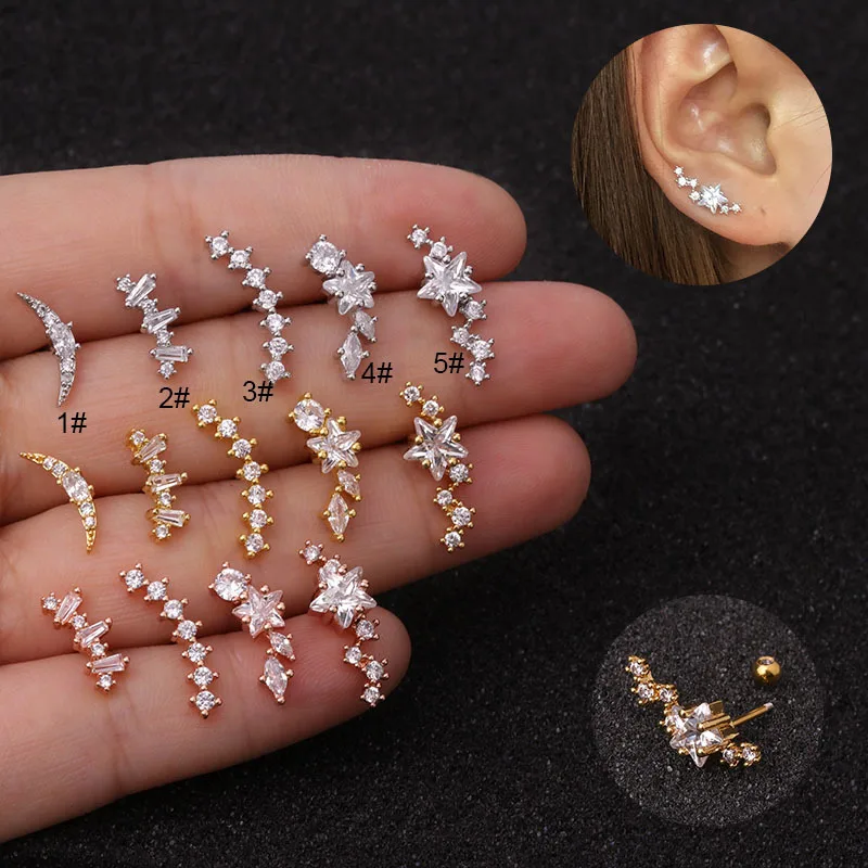 YW Stainless Steel Star Flower Earrings For Cartilage Helix Tragus Rook Lobe Screw Back Stud Earring Body Piercing Jewelry