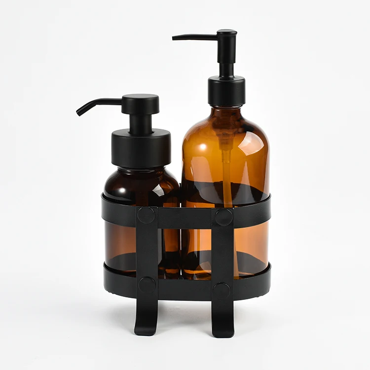 3 Pcs Glass Bathroom Accessories Foaming Soap Dispenser with Metal Rack Lotion Bottle Holder