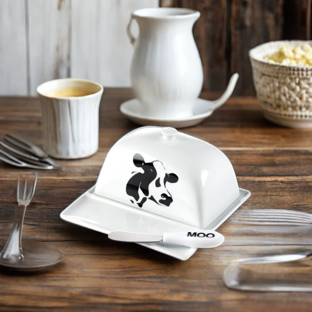 White Porcelain Butter Plate Tray Keeper Rectangle Ceramic Covered Butter Dish Holder With Lid Kitchen Set
