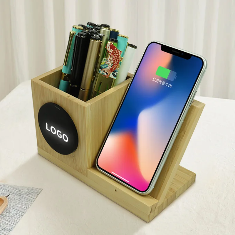 High Quality Bamboo Wireless Charger Of Pen container with Customized LED Light-up Logo Size 16*9*8cm Wireless Charging Penrack