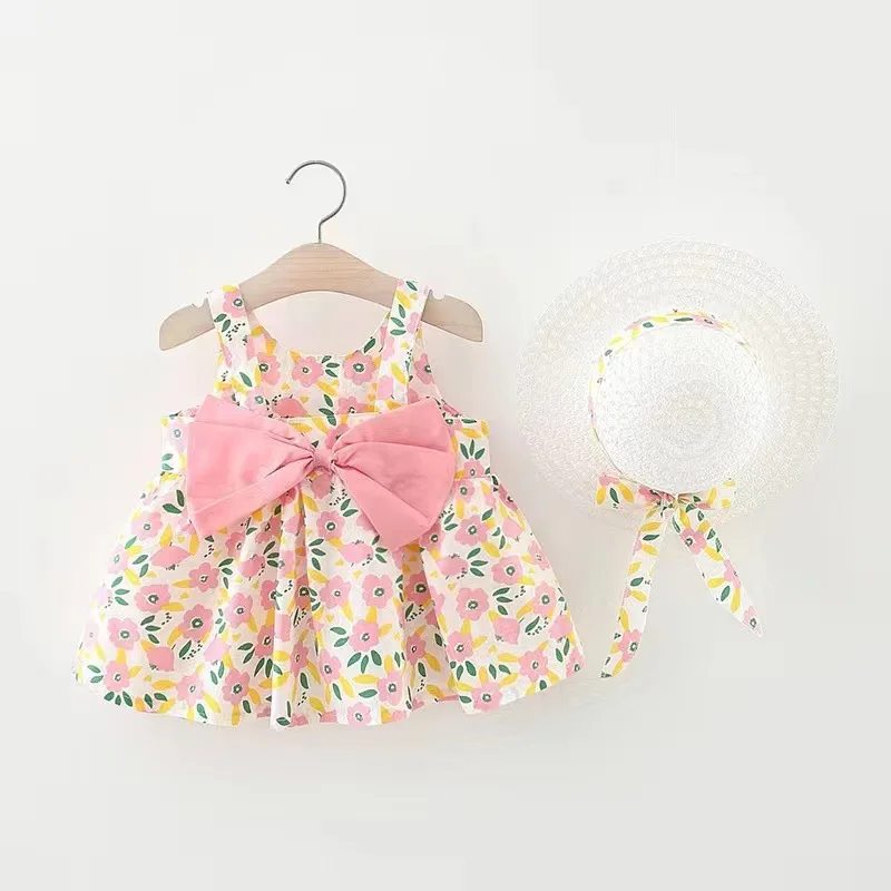 Floral Beby Dress Girl Wholesale Sleeveless Casual Baby Dresses 2 Year Girls Dress with Bow