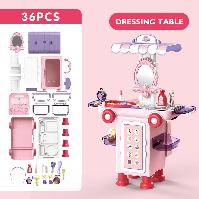 YR58053 Fashion girl Dressing role play game toys Creative Bus 2 in 1 Play House Beauty Pink  Makeup Toy Plastic  for Girl