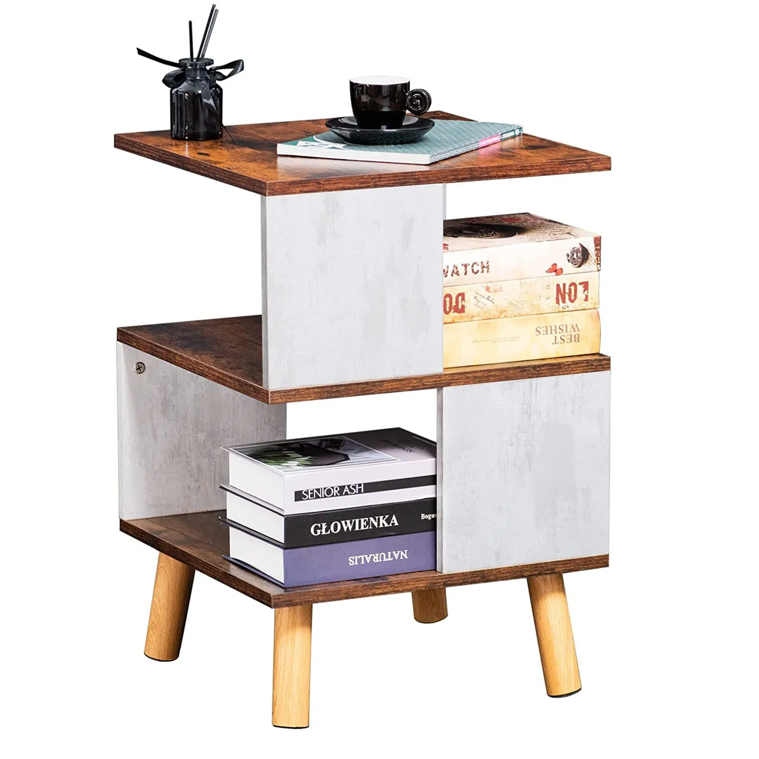 Mid Century 3 Tier End Table  Nightstand with 2 Large Open Storage Shelf for Suitable for Bedroom Living Room