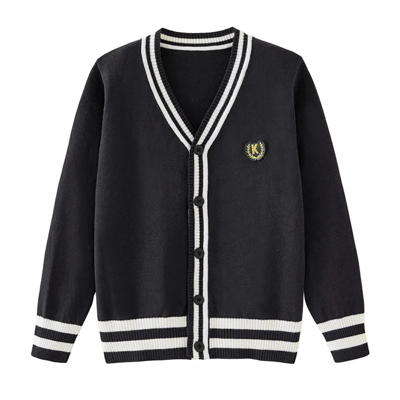 Teen Striped Patchwork Knitted Cardigan Boys Girls Custom Badge High School Uniform Kids Sweater Jacket