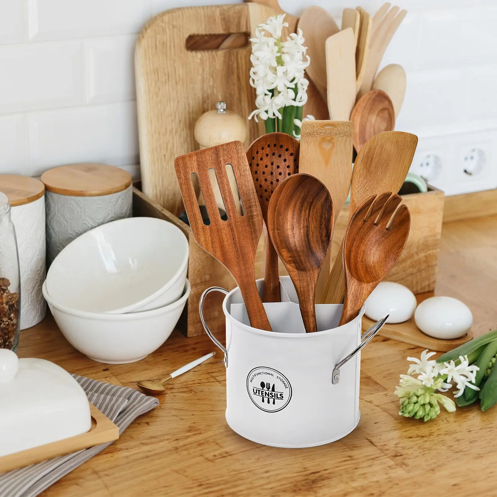 Farmhouse Utensil Holder 4 Compartment Metal Utensil Holder with Removable Divider For Kitchen Countertop