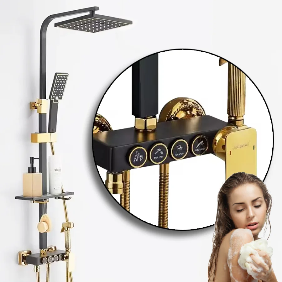 Kahnos Thermostatic Bathroom Shower System Black Gold Brass 4-Keys Bathtub Mixer Faucet Shower Set with Jet Rainfall Spray Panel
