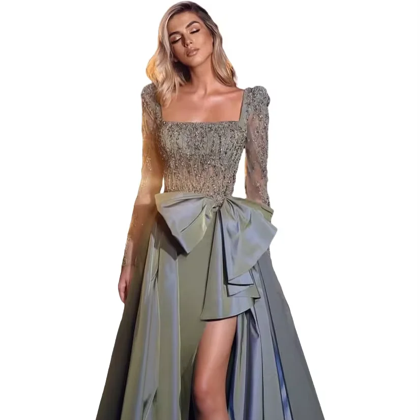 Cheap Elegant Blue A-line Long Evening Dress Tiered Prom Dress Handmade Beaded Square Neck Long Sleeve Sexy High Slit Bow Satin