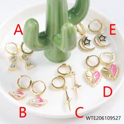 Fashion Star Moon Heart Cross Stud Earrings For Women Universe Pink Planet Enamel  Hoop Earrings