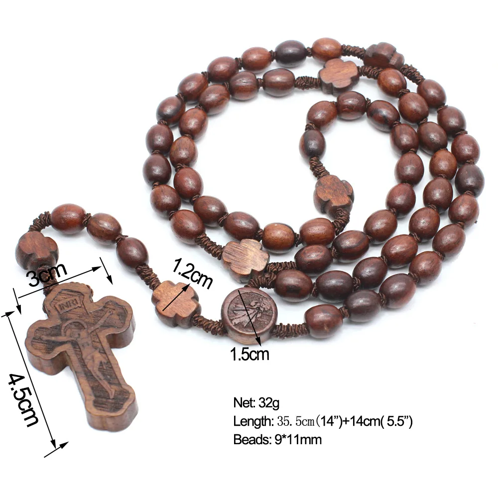 2024 New Wholesale cheap rosary wooden catholic beads religious rosary with cross jesus pendant necklace