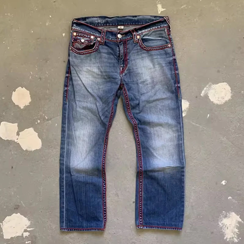 DiZNEW custom High street embroidered ripped jeans Vintage blue jeans wholesale dark wash worn street jeans plus size