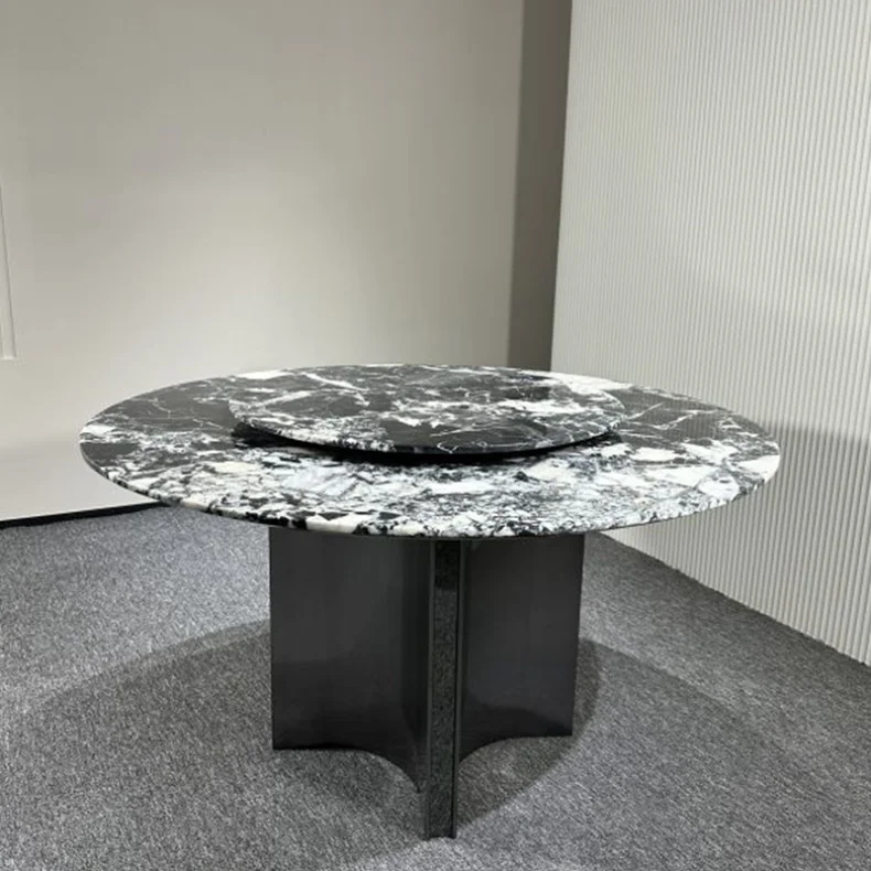 WESOME Black Round Dining Table With 4 Chairs Modern 135cm Round Dining Table Set 6 Seater Quartz With Rotating Centre