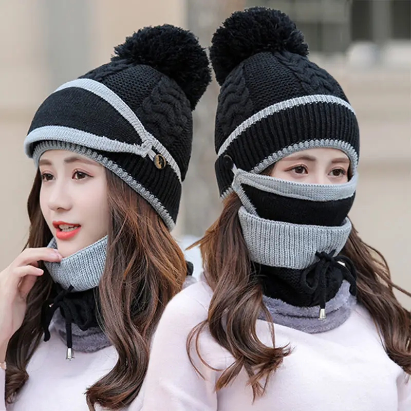 Soft Thicken Wool Ski Hat Women Warm Hats Neck Warm Winter Wool Hat Set Women Men Beanie Knitted Cap Scarf Mask Set