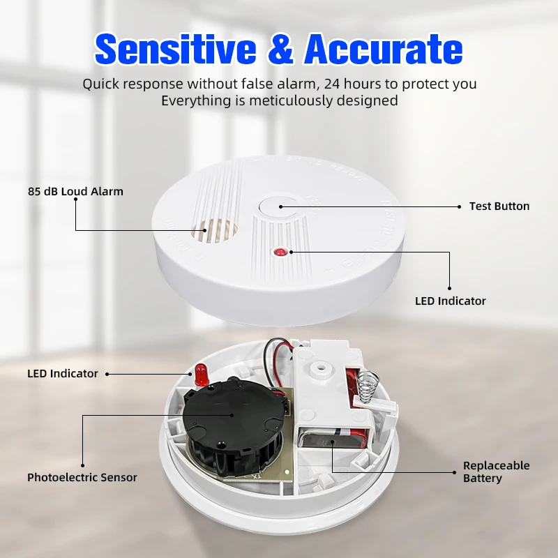 Hotel Shops Wireless Home Security Smoke System 85Db Independent Photoelectric Fire Alarm Smoke Detector En14604
