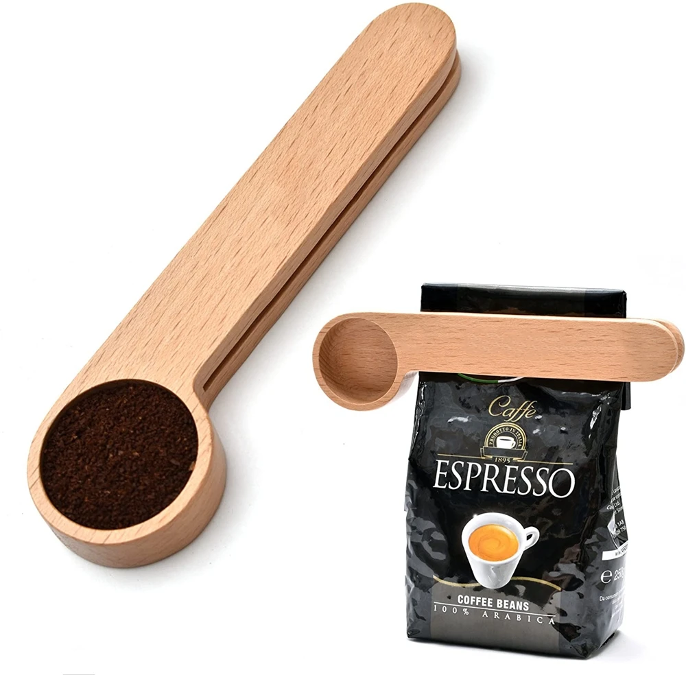 Tailai Natural Beech Wood Spoon 2-In-1 Bags Measuring Spoon Wood Coffee Scoop with Bag Clip with good quality
