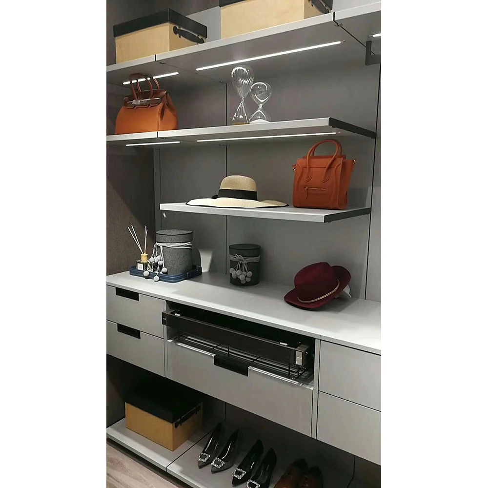 Fashion home wardrobe custom shelving master bedroom suite aluminum wooden walk in closet with led light