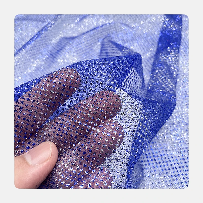 Blue 100% Polyester Net Mesh Fabric With Silver Sequins Powder Super Sparkle Glitter Tulle Fabric For Bridal Dress