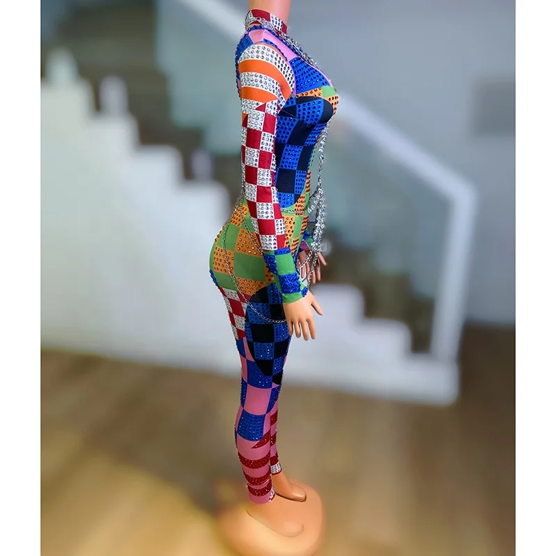 Hot selling women new colorful clothes high quality high neck luxury diamond elegant bandage women jumpsuit