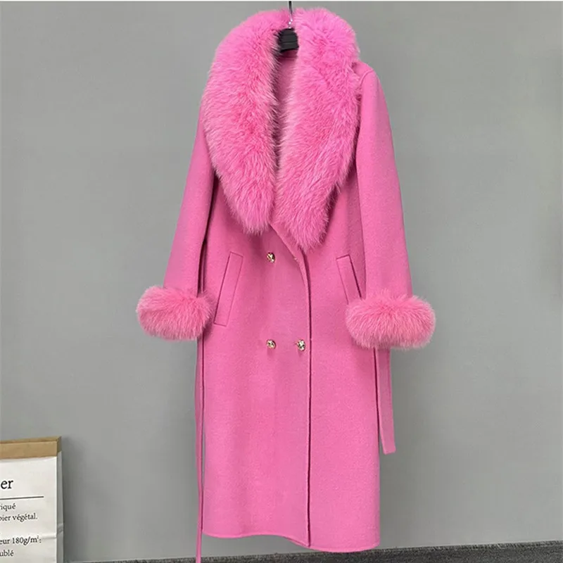 Double Faced Wool Coat With Fur Winter Real Fox Fur Collar Long Plus Size Ladies Handmade Women Cashmere Wool Coat For Women