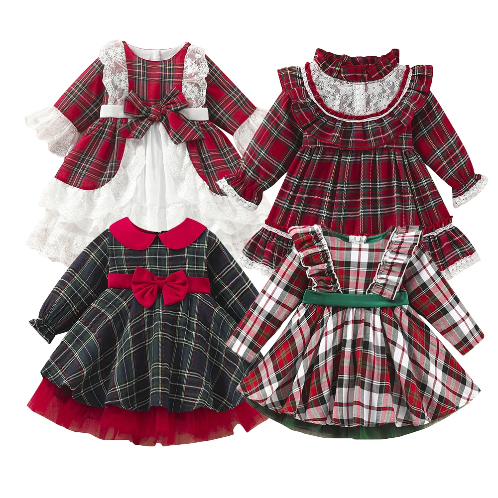 Newest red black plaid beautiful smocked Christmas dress for kids girl