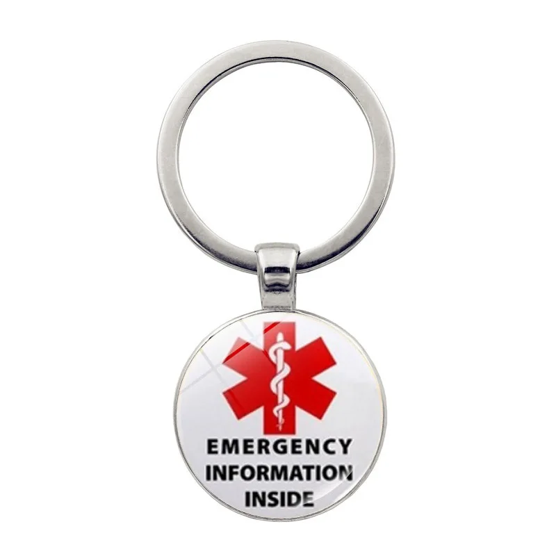 Medical Alert Stainless Steel Red Enamel Oval Medical Pendant Key Chain Fashion Medical Alert Tags Keychains