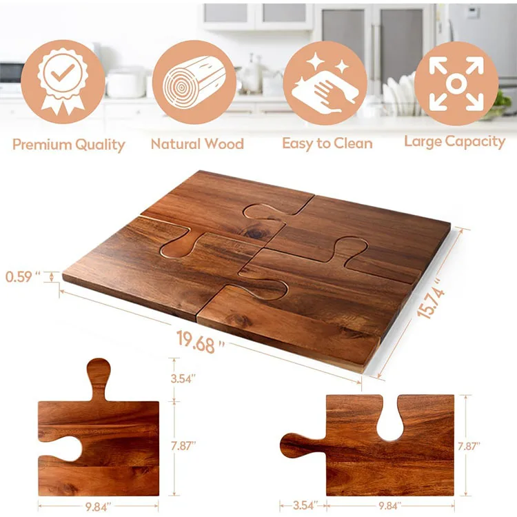 Wholesale OEM Acacia Wood Cutting Board Set of 4 Acacia Wood Large Charcuterie Boards Set with Puzzle Handles Chopping Boards