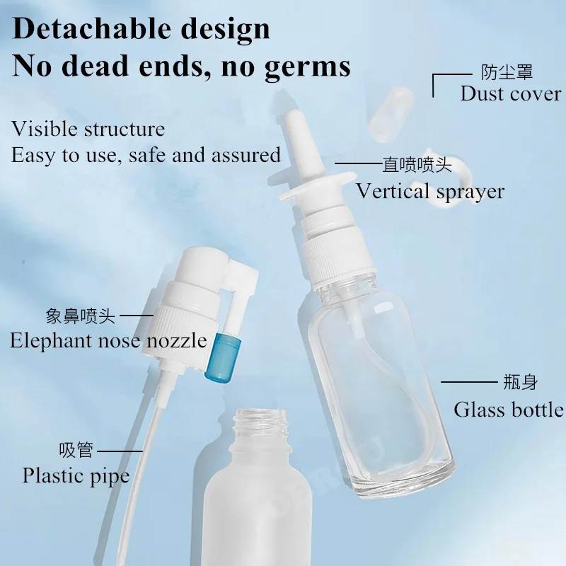 nose nozzle medical bottle 5ml 10ml 15ml 20ml 30ml 50ml 100ml glass bottles with white plastic fine mist nasal spray bottle