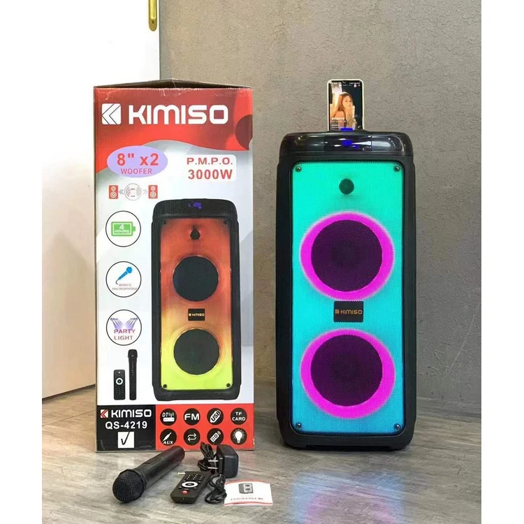 QS-4219 Best Selling BT Speaker KIMISO Double 8 Inch Horn Big TWS Plastic Speaker With Coloured Lights