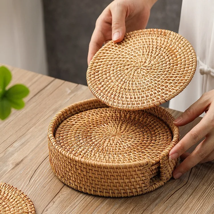 NEWELL Kitchen Accessories Cup Base Plates and Dishes Insulated Hot Pads Pot Holder Handwoven Natural Rattan Coaster Set