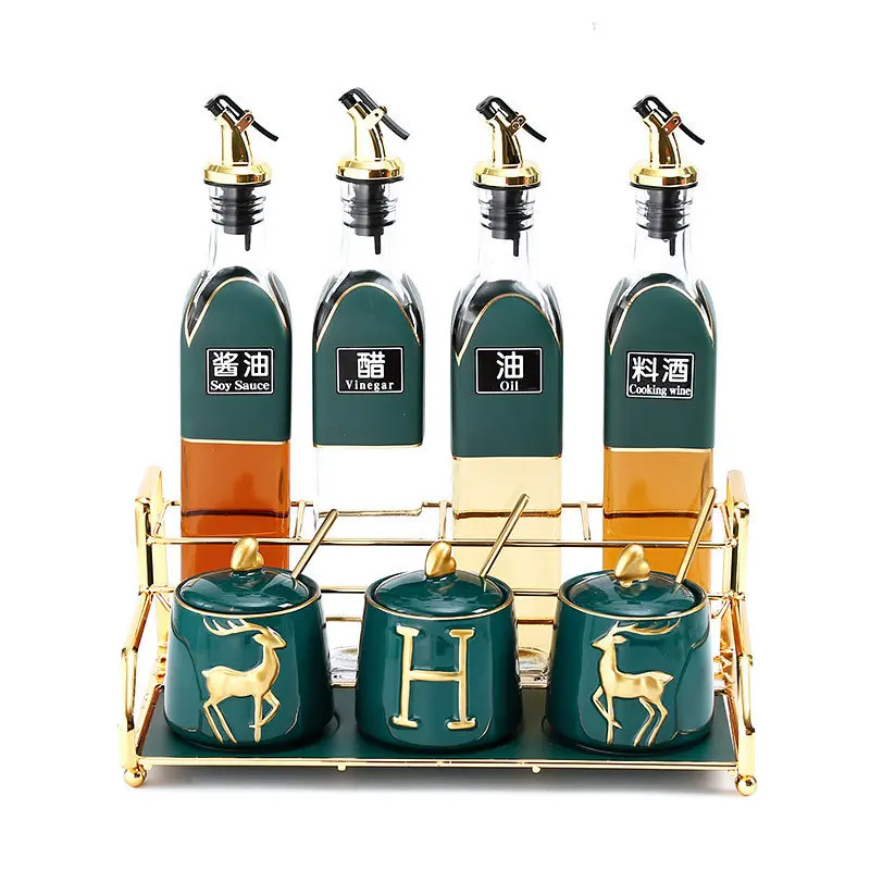 Kitchen Luxury Ceramic Spice Jar Set Salt Sugar Pepper Seasoning Pot Ceramic Seasoning Storage Box With Olive Oil Bottle