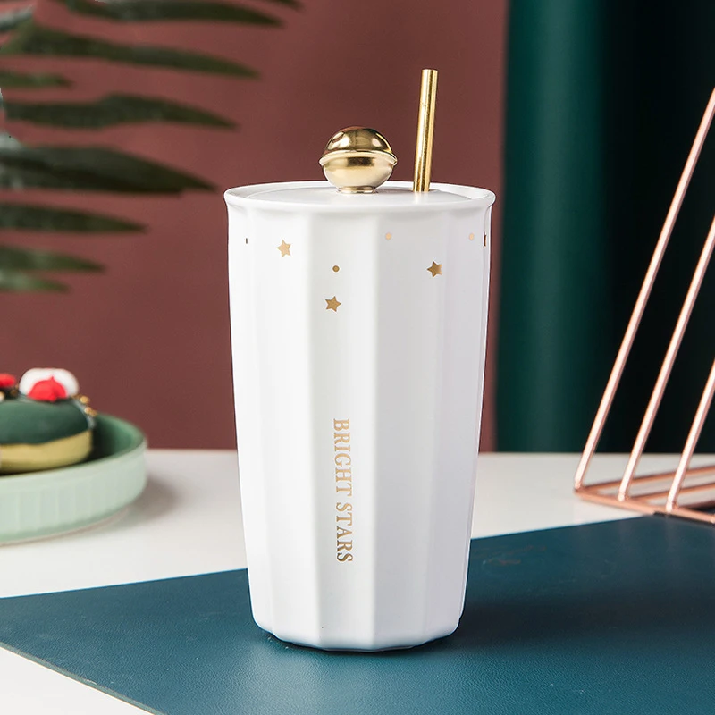 Nordic fashion simple with lid ceramic cup creative double-layer insulation with straw men and women couple mugs