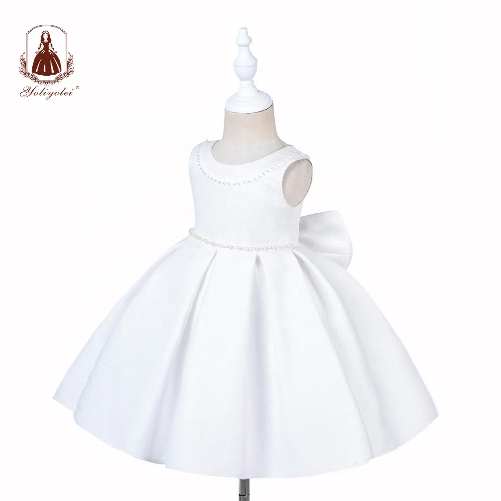 Wholesale Children Girl Summer Solid White Clothing Sweet Baby Kids Girls Ball Gown Wedding Party Dress With Bow