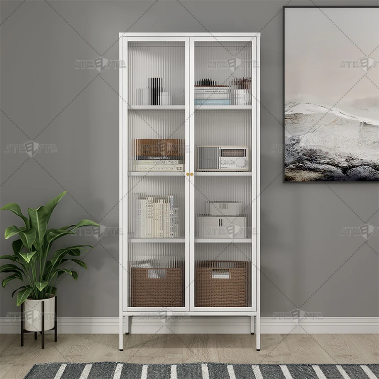 Wholesale metal glass cabinet household furniture 2 door wave glass book storage cabinet glass wine display cabinet