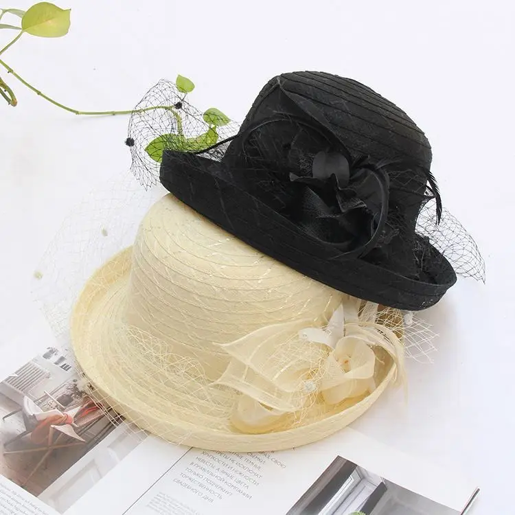 2022 Vintage Classic Black Womens Round Bowler Hats Wide Brim Fedora Formal Church Hats With Mesh