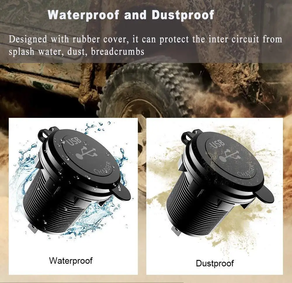 12V/24V Car USB Charger Socket PD Type C + QC 3.0 Power Outlet with Spring Cover Dual Ports Fast Charging for Motorcycle ATV RV