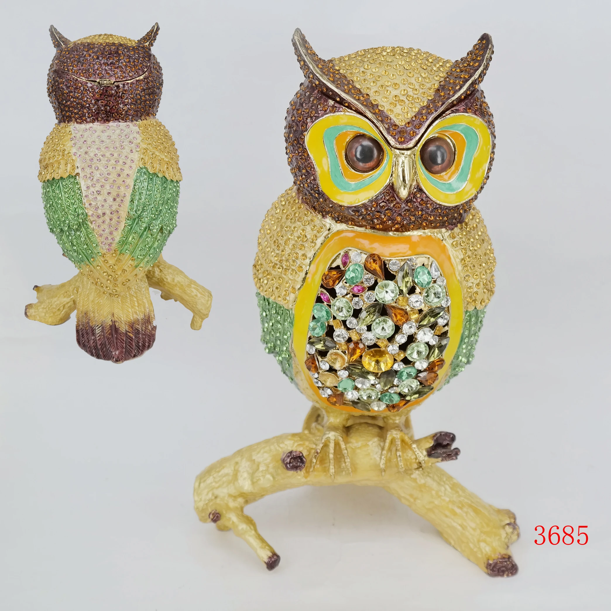 Rhinestone metal owl crystal owl figure big owl status jewelry trinket box for gifts