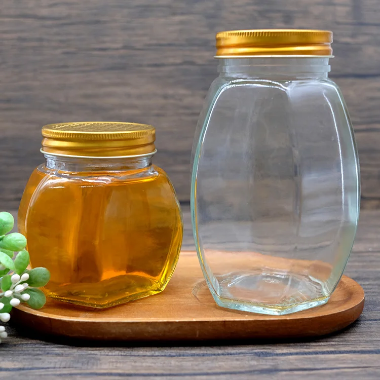 Ergo Chutney Hexagonal Square Round Honey Glass Container Bottle Jars Mini Large Jar With Dipper Bottle Jam Jelly Food