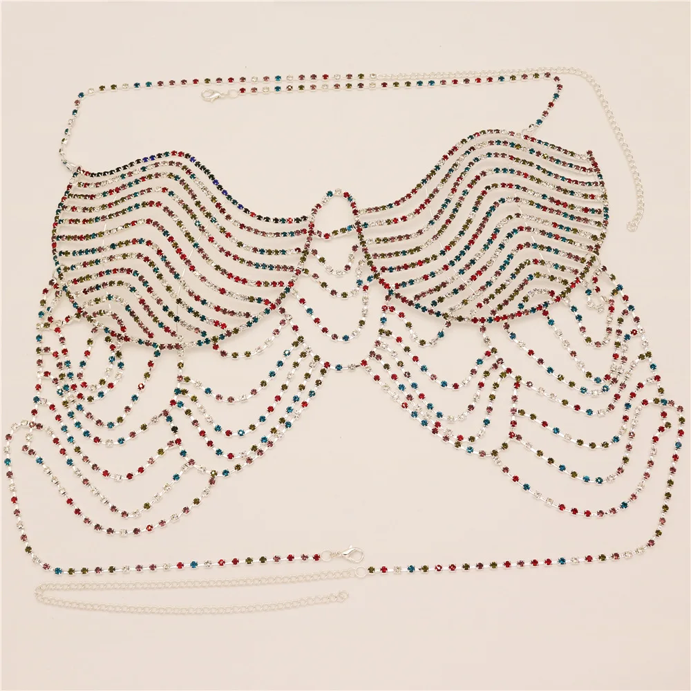 European And American Corrugated Rhinestone Chest Chain Sexy Crystal Mixed Color Bra Bikini Beach Body Accessory Body Chain