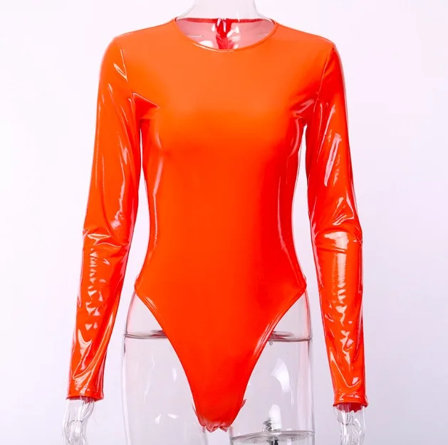 Sexy Pink PU Leather Bodysuit Shiny Neon Green Orange Long Sleeve Vinyl Bodysuit Shirts Ladies One Piece Shorts Jumpsuit Rompers