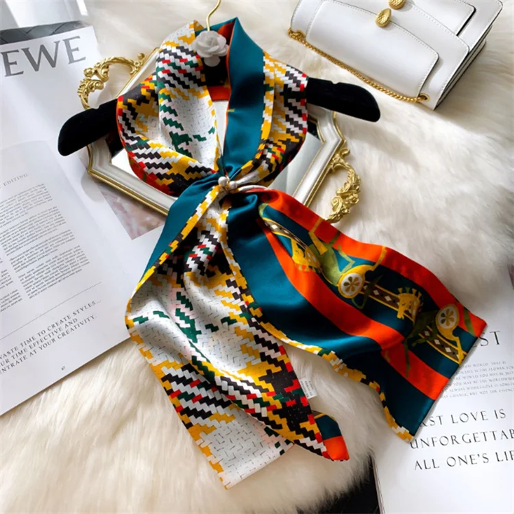 2022 Custom Long Scarf Tie Tote Bag Ribbon Handle Satin Twill Scarf  Silk Satin Scarf