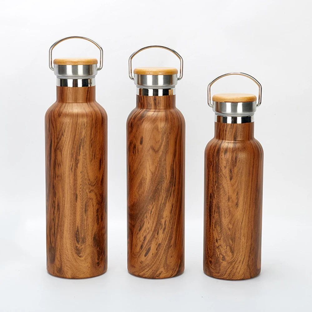 Wholes Wood Grain Hydro Stainless Steel Water Bottle with Bamboo Lid Outdoor Wide Mouth Sport Thermos Vacuum Flask